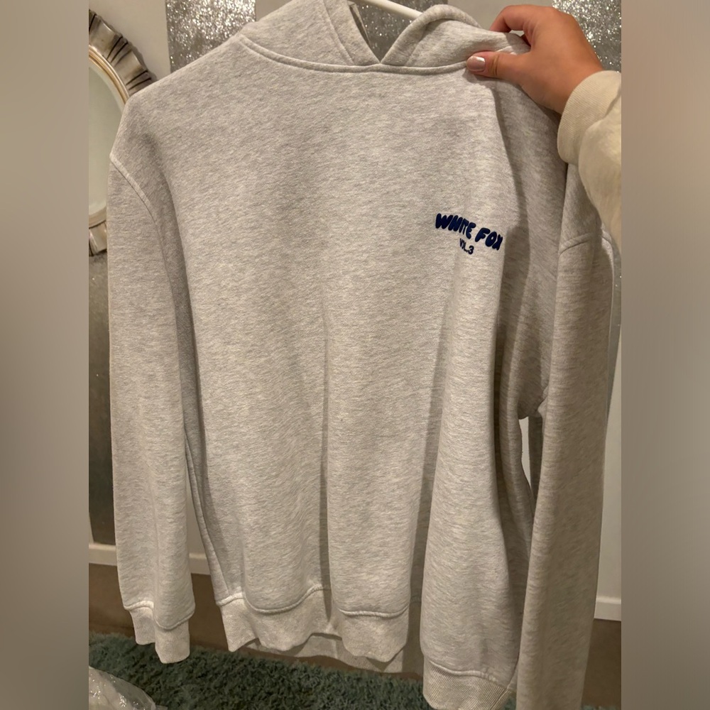 White Fox Boutique Gray Hoodie with Blue Logo